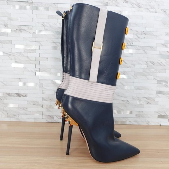 Italian Leather Boots 10 Knee High‎ Swarovski Gold Crown Quite Luxury Blue $1288 - Picture 10 of 16